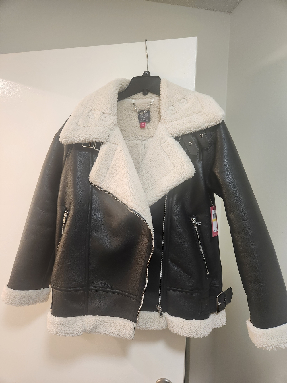 Women's Black Faux Leather Sherpa-Lined Moto Jacket with Cream Trim